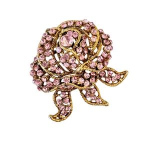 Vintage Pink‎ Rhinestone Rose Brooch Gold Tone Floral Statement Jewelry Coquette
